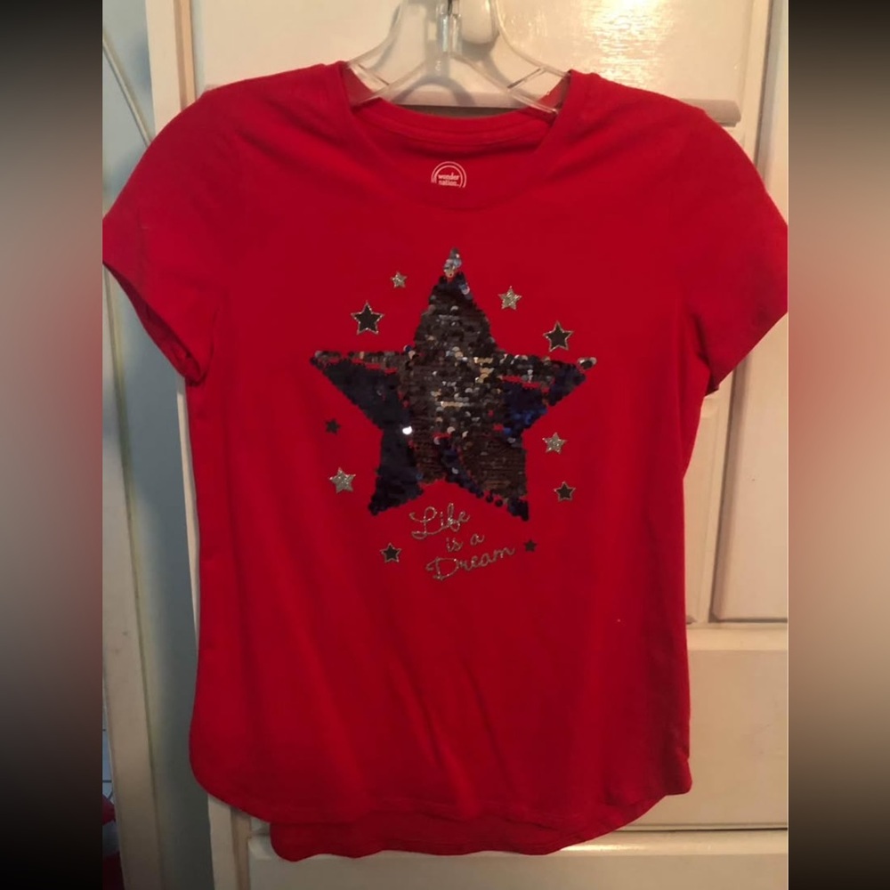wonder nation 4th of July red Short Sleeve Tee with Reversible Sequin Star